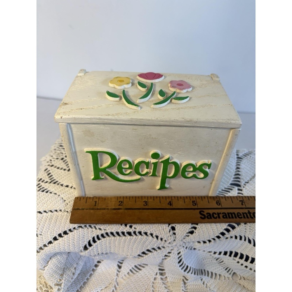 Vintage Recipe box flip open flowers Floral wood look white green pink FTD 1985 - Picture 9 of 11